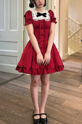 Wine Red Annie's Gift Short Sleeves Bowknot Short Version Sweet Lolita Dress (Plus Size Support)